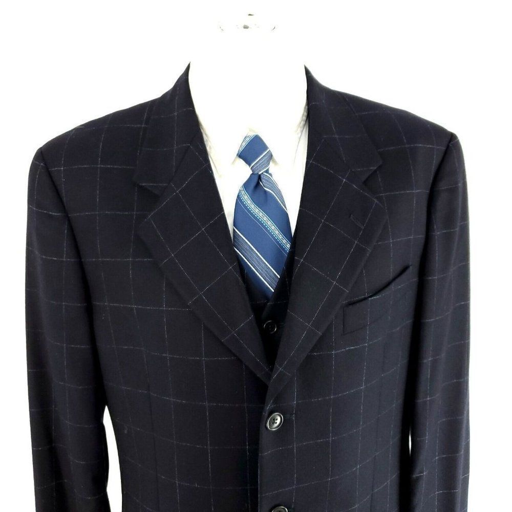 Valentino Flannel Wool Cashmere 3 Button Sport Coat W/ Vest‎ 42L Blue Windowpane
